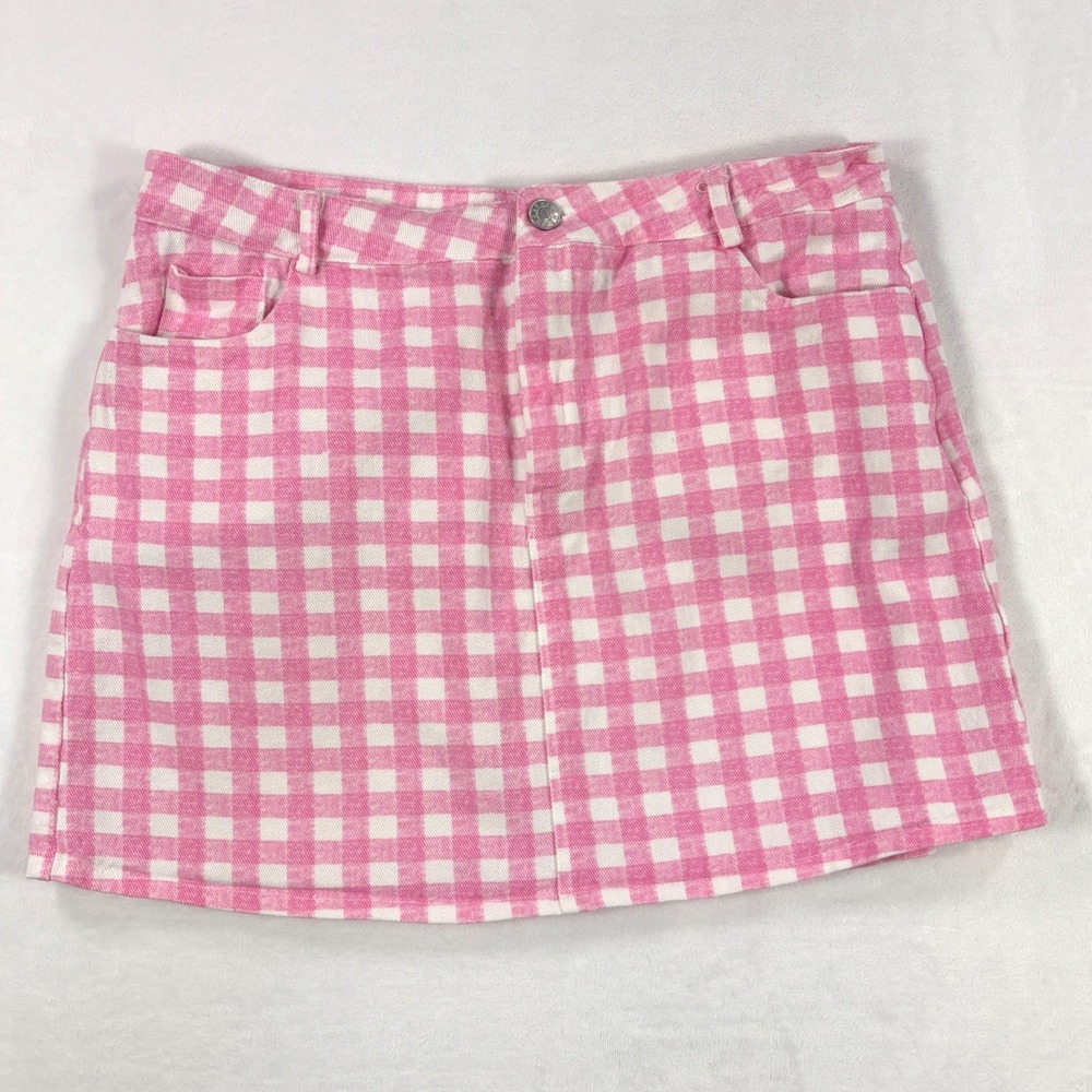 Judith March Pink White Gingham Mini Skirt Women Large SY3413 Cotton Checkered